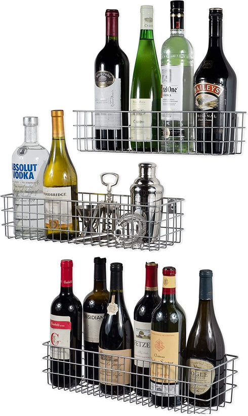 Wall35 Kansas Wall Mounted Metal Wire Baskets for Kitchen Pantry Organization and Storage, Varying Sizes Hanging Fruit Basket Set of 3 Gray