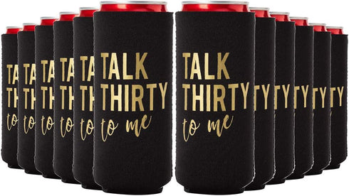Talk Thirty To Me Can Coolers, 30th Birthday Party Coolies, Set of 12, Black/White/Pink and Gold Thirtieth Birthday Cup Coolers, Perfect for Birthday Parties, Birthday Decorations (Black, Slim)