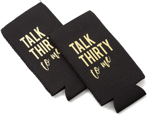 Talk Thirty To Me Can Coolers, 30th Birthday Party Coolies, Set of 12, Black/White/Pink and Gold Thirtieth Birthday Cup Coolers, Perfect for Birthday Parties, Birthday Decorations (Black, Slim)