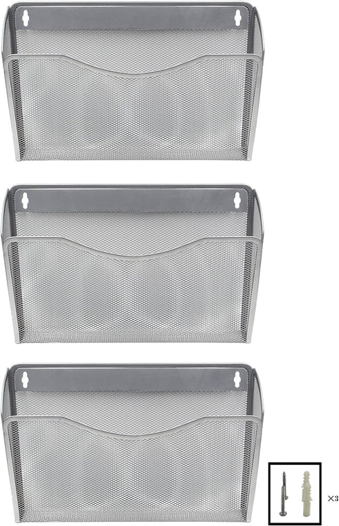 EasyPAG Wall File Holder Hanging Organizer 3 Mesh Collection Single Pocket for Office and Home,Silver