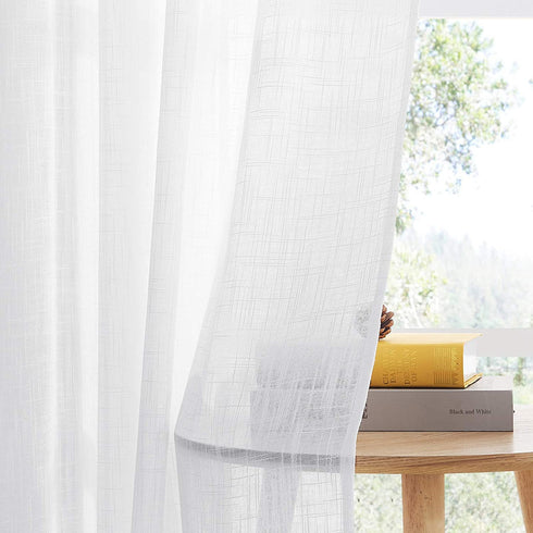 PONY DANCE Sheer White Curtains - Linen Curtains 84 inches Long for Living Room Delicate Back Tab Semi-Sheer Privacy Window Covering for Bedroom, 52" W x 84" L, 2 PCs