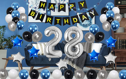 28th Birthday Decorations for Men Women Boy Girl,Blue Black Birthday Party Supplies with 28 Silver Number Balloon Happy Birthday Banner for 28th and 82nd Birthday Party