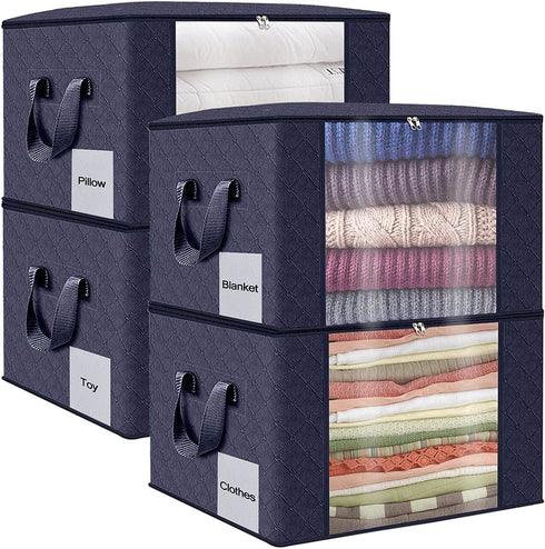Huryfox 4 Pack Blanket Storage Bags Fabric Clothing Container Large Capacity Comforter Organizer with Reinforced Handle and Label Slots Foldable Clothes Bin for Organizing Closet