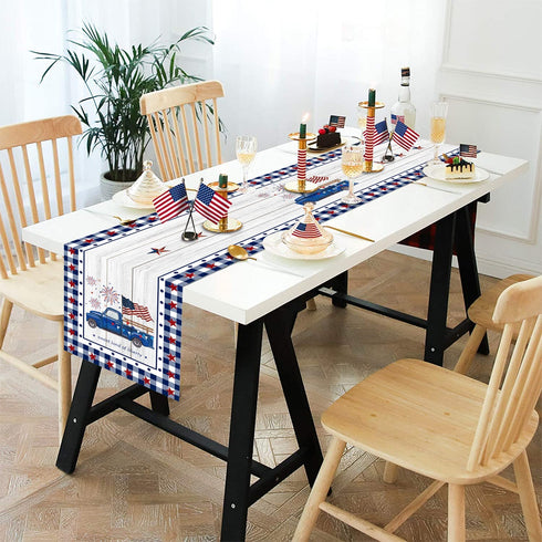 Independence Day Table Runner 70 Inch Dresser Scarves 4th of July Memorial Day Truck USA Flag Non-Slip Burlap Dinner Runner Decor for Tables Stars Check Plaid Buffalo Wood Grain