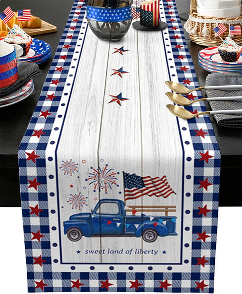 Independence Day Table Runner 70 Inch Dresser Scarves 4th of July Memorial Day Truck USA Flag Non-Slip Burlap Dinner Runner Decor for Tables Stars Check Plaid Buffalo Wood Grain