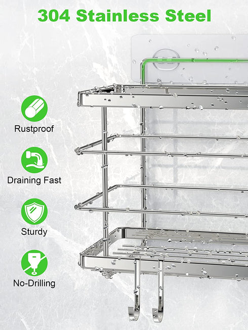 SMARTAKE Deep Shower Caddy, SUS304 Stainless Steel Bathroom Basket, Adhesive Shower Organizer Shelf with Hooks, Rustproof No-Drilling Kitchen Rack, for Toilet, Dorm and Kitchen (Silver)