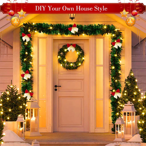 ICNOW 72Feet/22M Christmas Garland With 24 Christmas Ball Ornaments and 36 Red Bows Home Decorated Garlands Artificial Pine Christmas Decoration for Home Garden Holiday Wedding Party Stairs Fireplaces