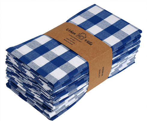 Urban Villa,Buffalo Check Plaid, Premium Quality, Dinner Napkins, 100% Cotton, Set of 12, Size 20X20 Inch, Blue/White Oversized Cloth Napkins with Mitered Corners, Ultra Soft, Durable Hotel Quality