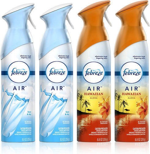 Febreze Air Freshener and Odor Eliminator Spray, Linen & Sky and Hawaiian Aloha Scents, 8.8oz (Pack of 4)