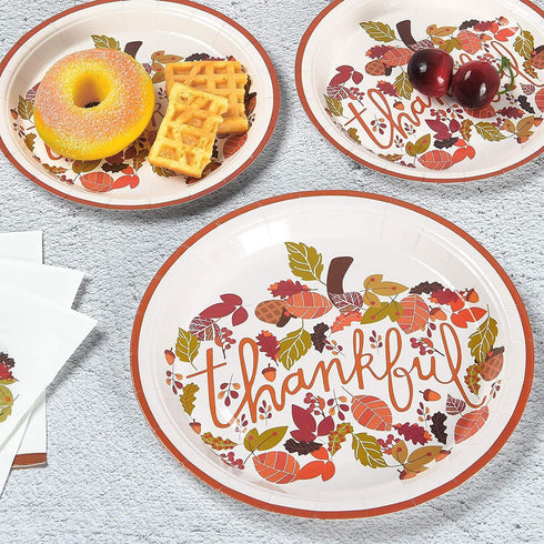 HAIL Thanksgiving Paper Plates Set, Thanksgiving Disposable Dinnerware Set for 10 Guests includes 10 9In Dinner Plates10 7In Dessert Plates and 10 Set Wooden Cutlery -Happy Harvest and Give Thanks