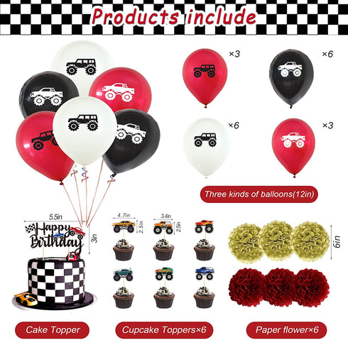 54 Pcs Monster Truck Birthday Supplies - Happy Birthday Banner Monster Truck Banner Checkered Triangle Bunting Flags, Pom Poms Flower, Hanging Swirls Truck Shape, Multicolor Balloons with Truck
