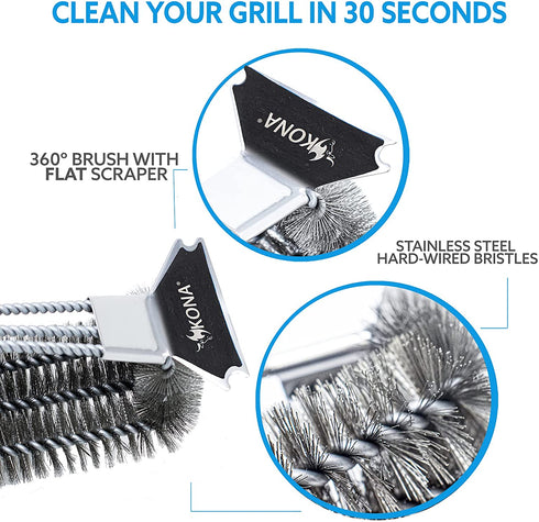 Kona Grill Brush and Scraper - 360 Straight Edge - Compatible with Weber and Pellet Grill Brands - BBQ Cleaner Fits All Grills, Stainless Steel, Cast Iron, Porcelain - Flex Grip Handle