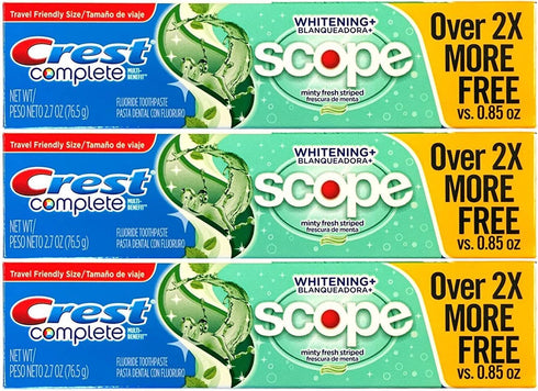 Crest Complete Multi-Benefit Whitening + Scope Minty Fresh Flavor Toothpaste 2.7 Oz, Pack of 3