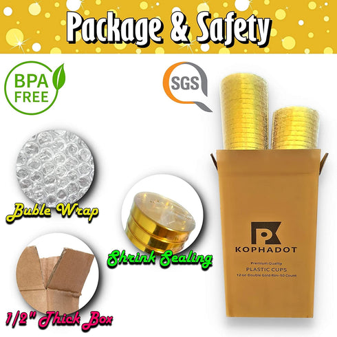 KOPHADOT 12oz Double Gold Rim Plastic Cups 50 packs with 2 Party Pong Balls, Disposable and Reusable Elegant GoldCup Clear Party Drinking Cups for Weddings, Bachelorette Parties, Christmas