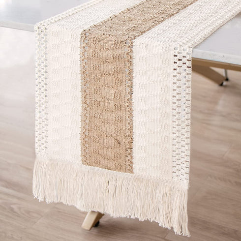 AerWo Macrame Table Runner Splicing Cotton and Burlap Table Runner, Woven Table Runner Farmhouse Style with Tassels Boho Table Runner for Wedding Bridal Shower Home Dining Table Decor, 12 x 72 Inch