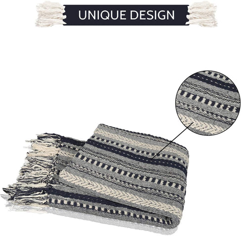 Soft Boho Throw Blankets - Warm and Cozy Home Decor Pure Cotton Woven Stripe Blanket with Fringe for Sofa and Couch, Everyday Use Navy Blue - 60 x 50 Inches