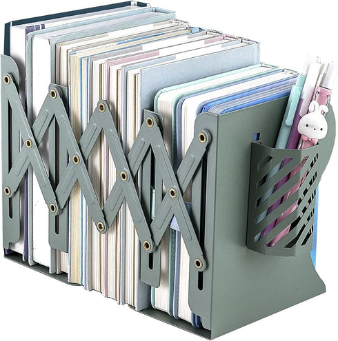 Adjustable Bookend Metal Book Ends Nonskid Bookends Desk Bookshelf Book Rack Binder Holder, Book End for Heavy Book Holder, Desk Books Organizer (Green)