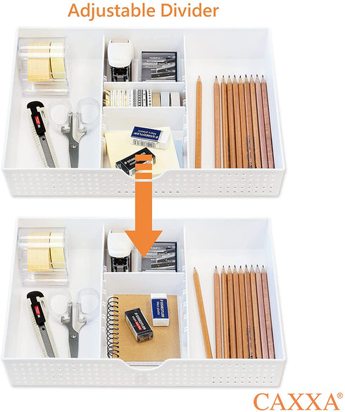 CAXXA 2PK - 3 Slot Drawer Organizer with Two Adjustable Dividers - 5 Compartments Drawer Storage Junk Drawer Organizer for Office Desk Supplies and Accessories, White