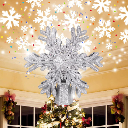 Christmas Tree Topper Lighted Snowflake, Christmas Tree Decoration Topper Projector, Gold Glitter Hallow Christmas Tree Lights