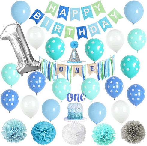 VIDAL CRAFTS 1st Birthday Boy Decorations, Happy Bday Bunting, High Chair Burlap Banner, Tissue Pom Poms, Balloons, Cake Topper, Party Hat, First Birthday Supplies- First Birthday Decorations for boys
