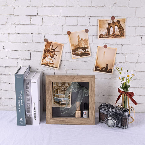 Frametory, 8x8 Shadow Box Frame - Front Opening - 2 inch Depth Display Box for Wall and Tabletop Display- Memory Box, 6 Pins Included (8x8, Tan)