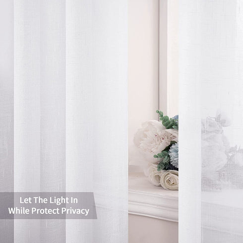 MIULEE 2 Panels Natural Linen Sheer Window Curtains Elegant Solid White Drapes Grommet Top Window Voile Panels Linen Textured Panels for Bedroom Living Room (52X90 Inch)
