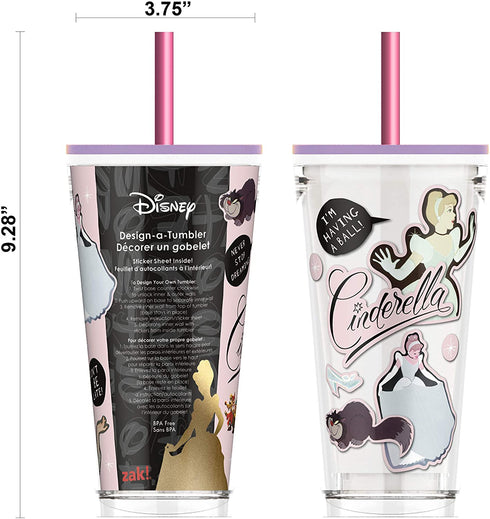 Zak Designs Design-A-Tumbler Disney Princess Cinderella Kids DIY Sticker Tumbler with Straw and Double-Wall Insulation, BPA free, 16 OZ