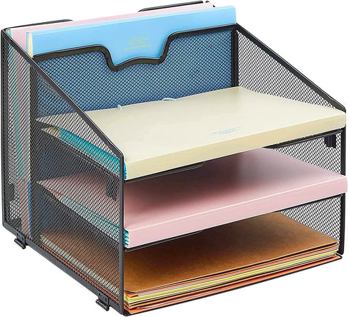 Meshist Wire Mesh Desk Organizer, Collapsible Desktop File Organizer with 3 Horizontal Paper Letter Trays and a Vertical Compartment, Black