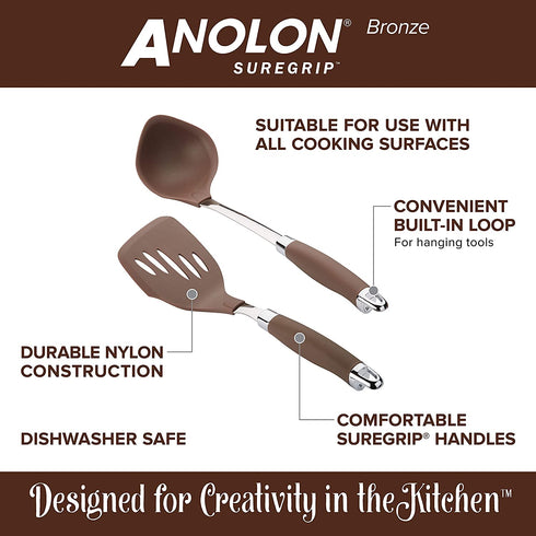 Anolon SureGrip Dishwasher Safe Nonstick Locking Cooking Tongs Set/Salad Serving Tools, 9 Inch and 12 Inch, Bronze Brown