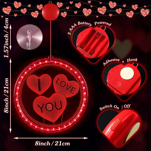 Wedding Decor Window Light, 8in Dia I Love You Sign Light Battery Operated, Lighted Valentines Decor with Hook and Stick-Glue for Wall Window Bedroom Anniversary Engagement Proposal Dating Party