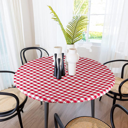 Sorfey Tablecloth -Fitted with Elastic, Vinyl with Flannel Back, Fits for Table 36 Inches Round ,Water Proof, Easy to Clean, Checked Red Design