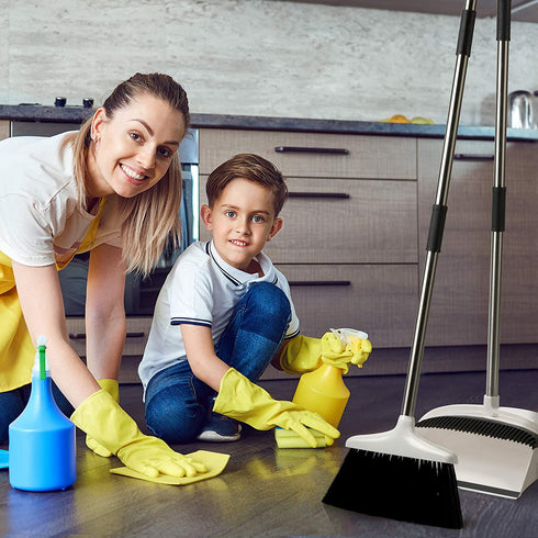 Broom and Dustpan Set - Premium Long Handled Broom Dustpan Combo - Upright Standing Lobby Broom and Dust Pan Brush w/ Handle - Great Edge, Lightweight and Robust