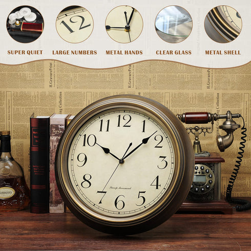 Plumeet Small Retro Wall Clock - 10'' Non Ticking Classic Silent Metal Clocks Decorative Kitchen Living Room Bedroom - Battery Operated (Brown)