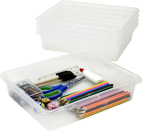 Storex Letter Size Flat Storage Tray Organizer Bin for Classroom, Office and Home, Clear, 5-Pack (62531U05C)