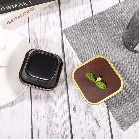 Cupcake Cups with Lids, EUSOAR 8oz 50pcs Disposable Desserts Flan, 3.5x2.7x1.6" Baking Cups with Lids, Aluminum Foil Desserts Cupcake Flan, Catering Gathering Shower Favor-Black Gold