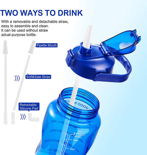 EYQ Half Gallon/64 oz Water Bottle with Time Marker, Carry Strap and Motivational Quote, Leak-Proof Tritan BPA-Free, Ensure You Drink Enough Water for Fitness, Gym, Camp, Outdoor Sports (Clear Blue)