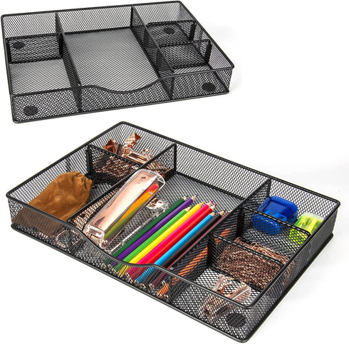 VyGrow Drawer Organizer Tray with Adjustable Compartments,6 grid,Metal Mesh,Storage Box Set for Office,Bathroom, Kitchen, Makeup, Art Supplies,tool,Black,1 PACK,12.87x8.73x1.96 Inchs