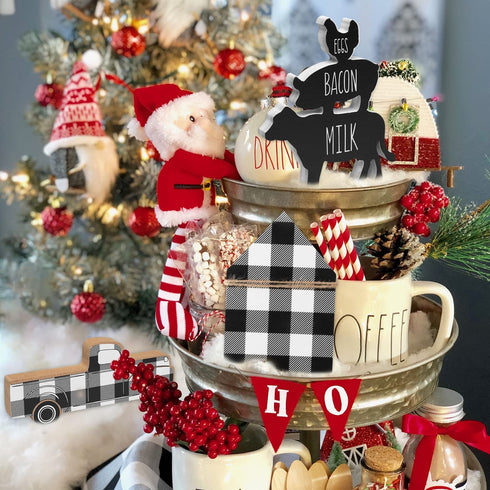 R HORSE 3Pcs Wooden Farmhouse Buffalo Plaid Tiered Tray Decoration Black& White Plaid Rustic Farmhouse Tray Sign Double Printed Farmhouse Shelf Buffalo Plaid Decor for Christmas New Year Photo Prop