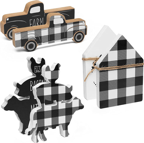 R HORSE 3Pcs Wooden Farmhouse Buffalo Plaid Tiered Tray Decoration Black& White Plaid Rustic Farmhouse Tray Sign Double Printed Farmhouse Shelf Buffalo Plaid Decor for Christmas New Year Photo Prop
