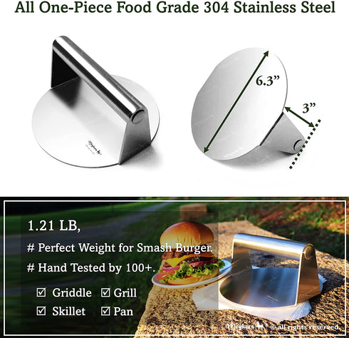 Meykers Burger Smasher 6.3" Smash Press Hamburger & 100 Patty Paper | for Griddle Grill Pan Skillet | Weight Gain Flat Presser Smashburger Maker 304 Stainless Steel | Meat Bacon Sandwich Tool Kit