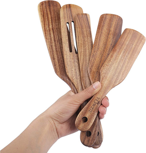 Yowzie Spurtle Shovel Scraper 5 Piece Kitchen Set Utensils Non-Stick Heat Resistant Insta-Pot Cookware Natural Slotted Acacia Wooden Set For Stirring Mixing Serving