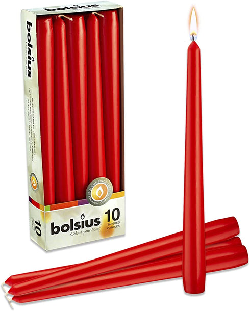 BOLSIUS 10 Count Unscented 10 Inch Red Household Taper Candles - 8 Hours Burn Time - Premium European Quality - Smokeless Dripless Taper Candlestick - Great for Special Occasion, Church, and Everyday