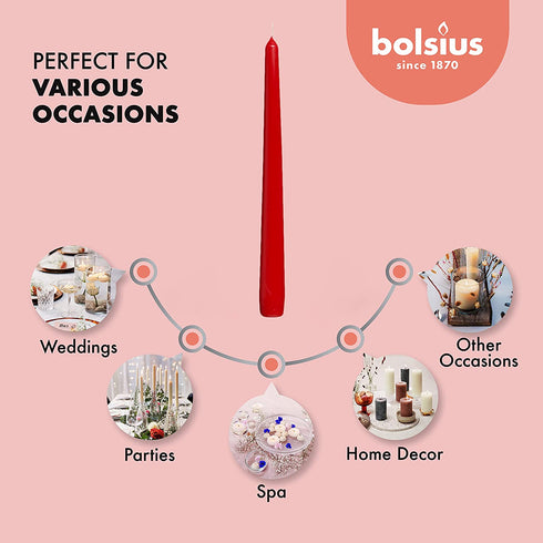 BOLSIUS 10 Count Unscented 10 Inch Red Household Taper Candles - 8 Hours Burn Time - Premium European Quality - Smokeless Dripless Taper Candlestick - Great for Special Occasion, Church, and Everyday