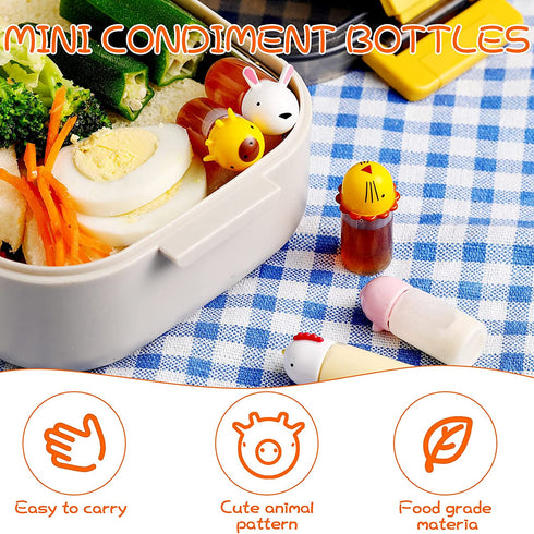 14 Pieces Bento Soy Sauce Case Container Bento Box Accessories, Mini Condiment Plastic Bottle with Dropper, Cute Animal Lunch Sauce Case Container for Kids Hiking Travel Lunch Salad Ketchup Syrup Oil