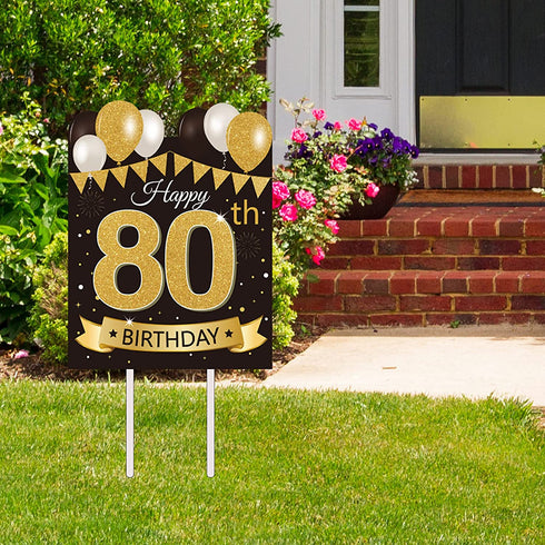 Large Happy 80th Birthday Party Yard Sign Black Gold 80 Birthday Yard Signs with Stakes and Outdoor Lawn Decorations