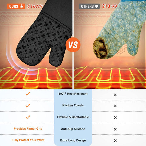 Oven Mitts and Pot Holders Kitchen: 500„‰ Heat Resistant Oven Gloves with Kitchen Towels Silicone Ovenmitts Hotpads Set - Quilted Long Kitchen Mittens Potholders Washable Mits Hot Pads for Baking