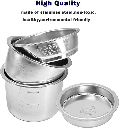 51mm Stainless Steel Filter Basket 1/2/4 Cup for Espresso Bottomless Portafilter,compatible with Delonghi,Breville 51mm Coffee Machine.Gift: Blind Filter and Scoop Clip.