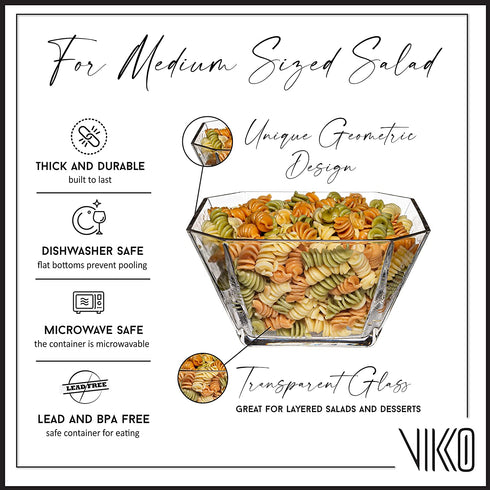 Vikko 64.25 Ounce Glass Serving Bowl | Beautiful Geometric Squared Shape, Made from Thick, Durable Glass, Great for Salads, Dessert, Fruit, and More, Microwave and Dishwasher Safe