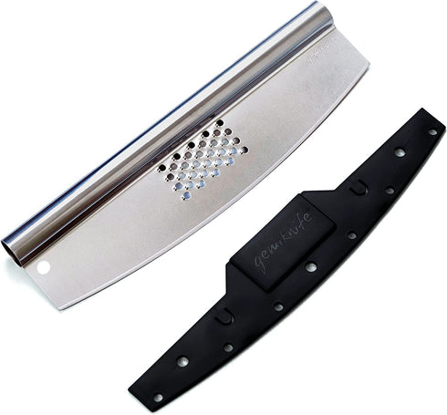 Gemiknife Pizza Cutter Plus. 14? Sharp Rocker Slicer + Built In Cheese Grater. Thick & Sturdy Stainless Steel Blade + Centered Handle + Protective Knife Cover + Dishwasher Safe.