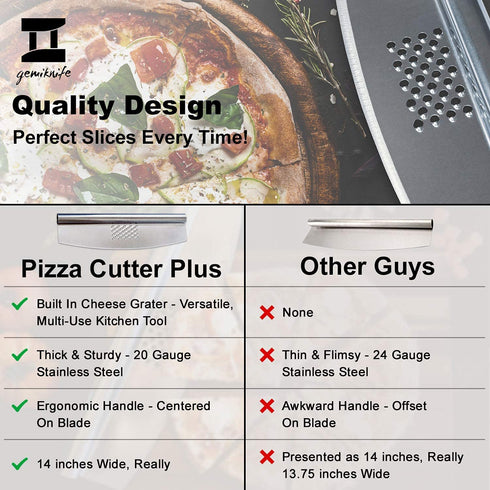 Gemiknife Pizza Cutter Plus. 14? Sharp Rocker Slicer + Built In Cheese Grater. Thick & Sturdy Stainless Steel Blade + Centered Handle + Protective Knife Cover + Dishwasher Safe.